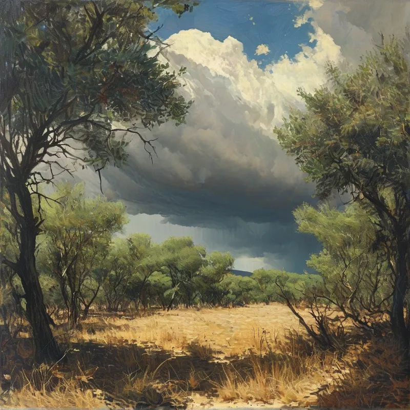 A massive storm cloud with sunlit tops looms over dry bushveld framed by trees at the edges of the view
