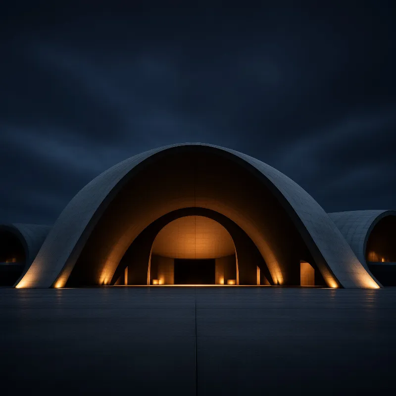 A massive curved concrete tunnel emits warm light from within against a dark cloudy sky.