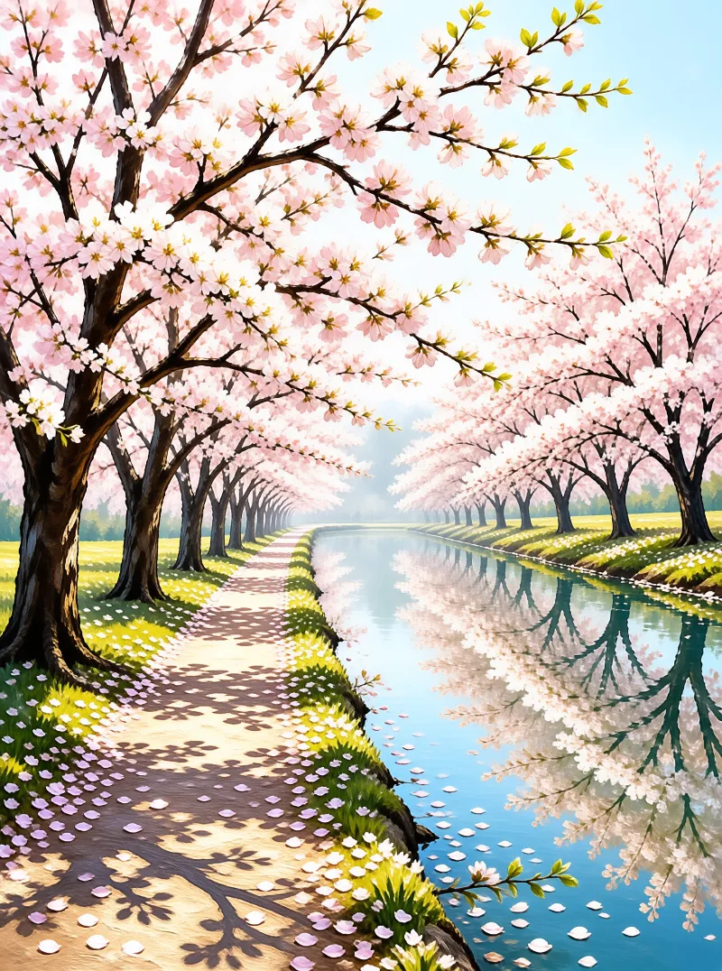 A row of blooming cherry trees frames a sunlit path beside a calm canal with scattered pink petals.