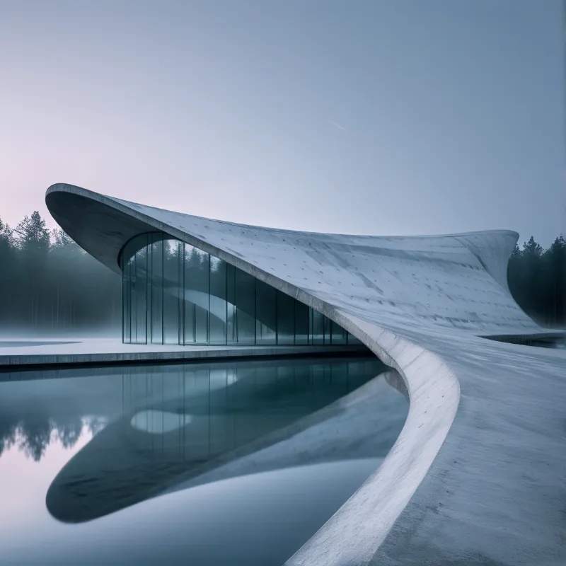 A sweeping curved concrete roof shelters a glass wall that mirrors in a still pool amid misty evening pines.