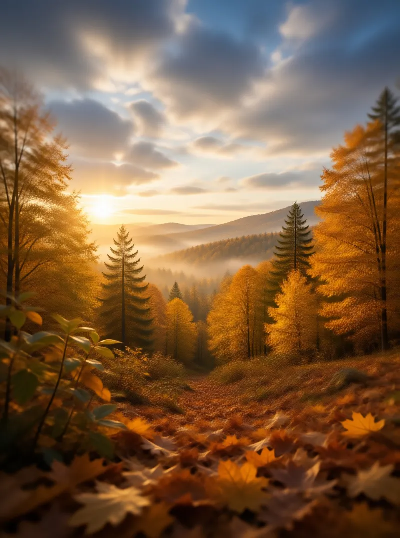Golden Autumn Forest at Sunrise