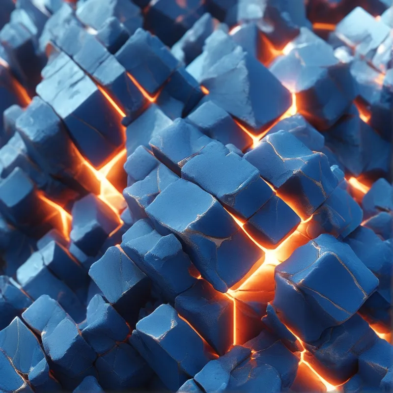 Closeup of deep blue fractured crystal blocks with bright orange light shining through the cracks between them.