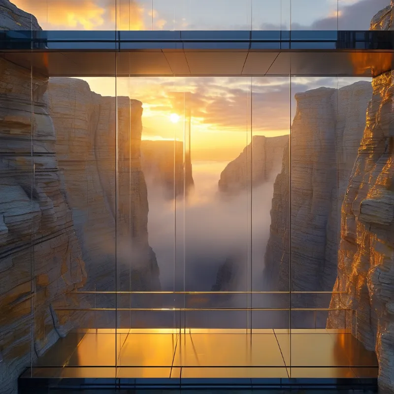 A modern glass building looks out over a narrow canyon with low clouds and a bright sunrise between layered rock cliffs