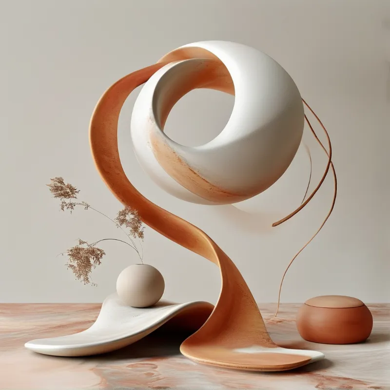 A white and orange abstract sculpture rests on a marble surface alongside dried flowers.