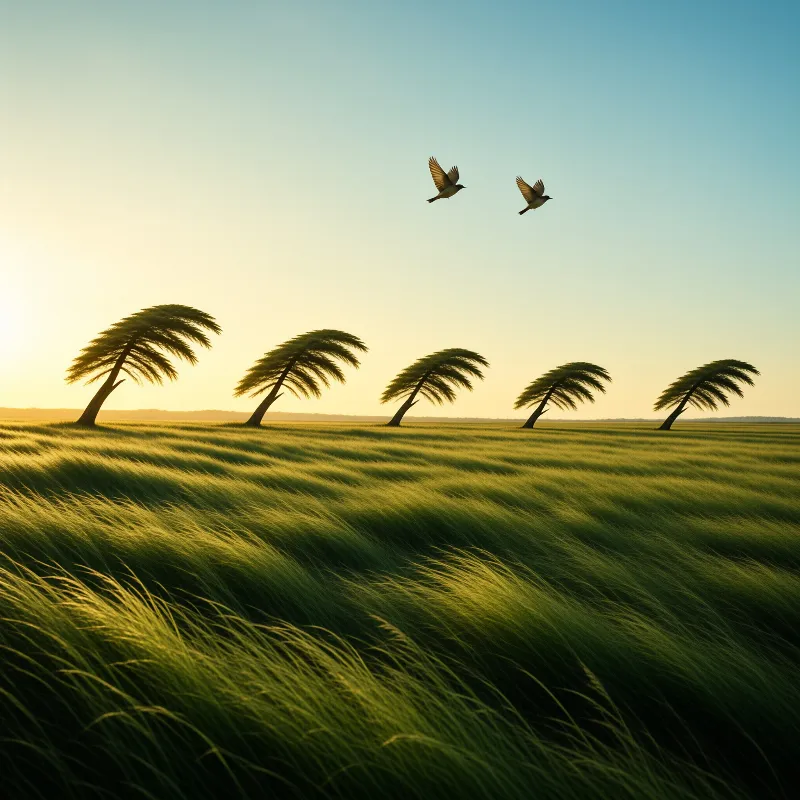 A row of trees leans sideways in a strong wind across a green field while two birds fly overhead under a bright sky.