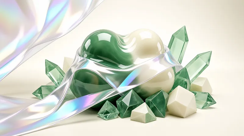A smooth green and cream blob wrapped in a shimmering holographic band sits among green and white crystals on a pale surface