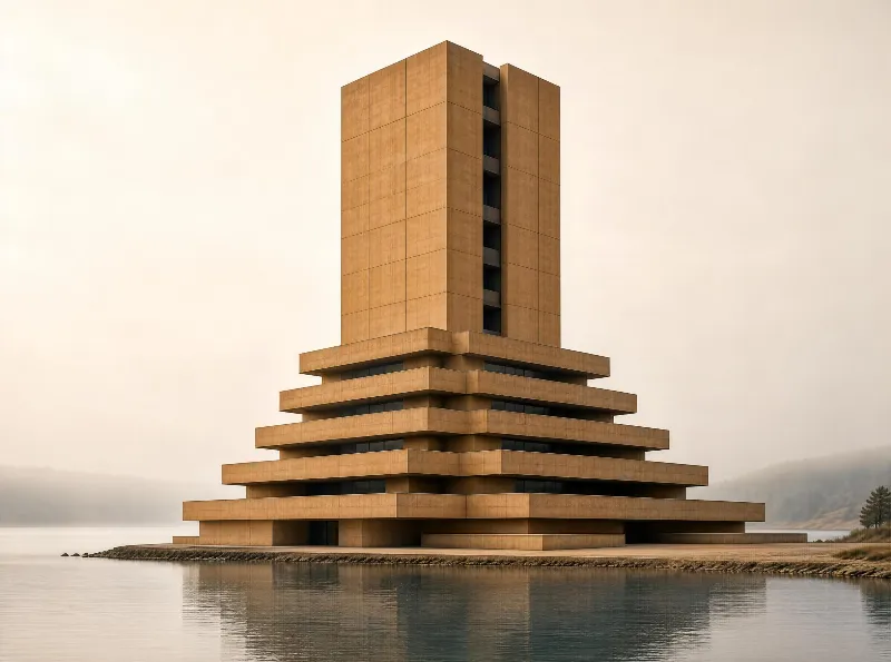 A tall, stepped concrete tower stands by a quiet lake with mist in the background, its reflection visible on the calm water.