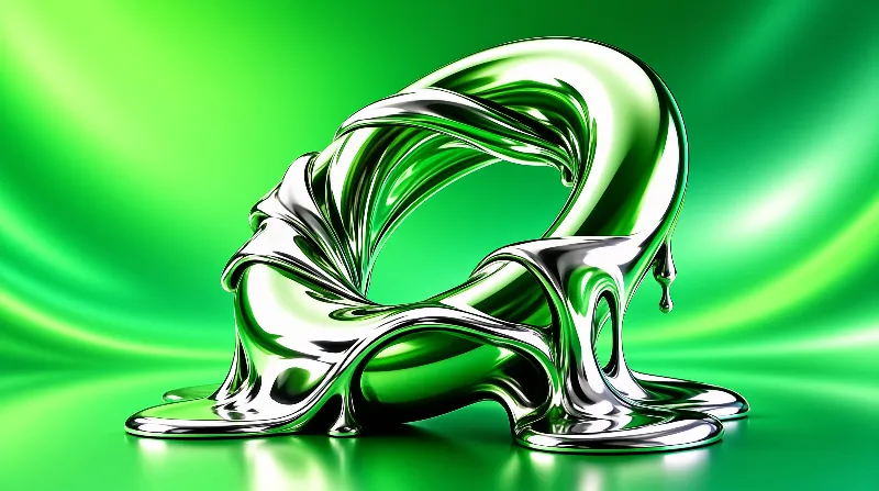 A reflective chrome liquid form twists dynamically against a smooth vibrant green backdrop with soft lighting.