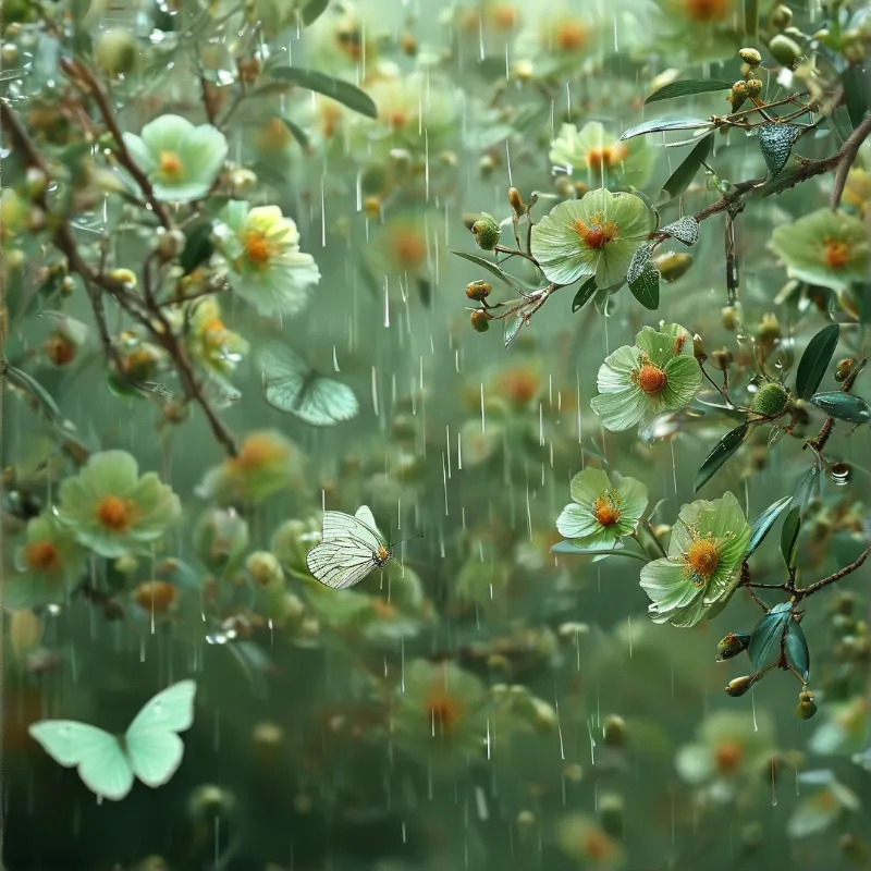 Pale green butterflies fly near open flowers with orange centers while rain streaks fall through the foliage.