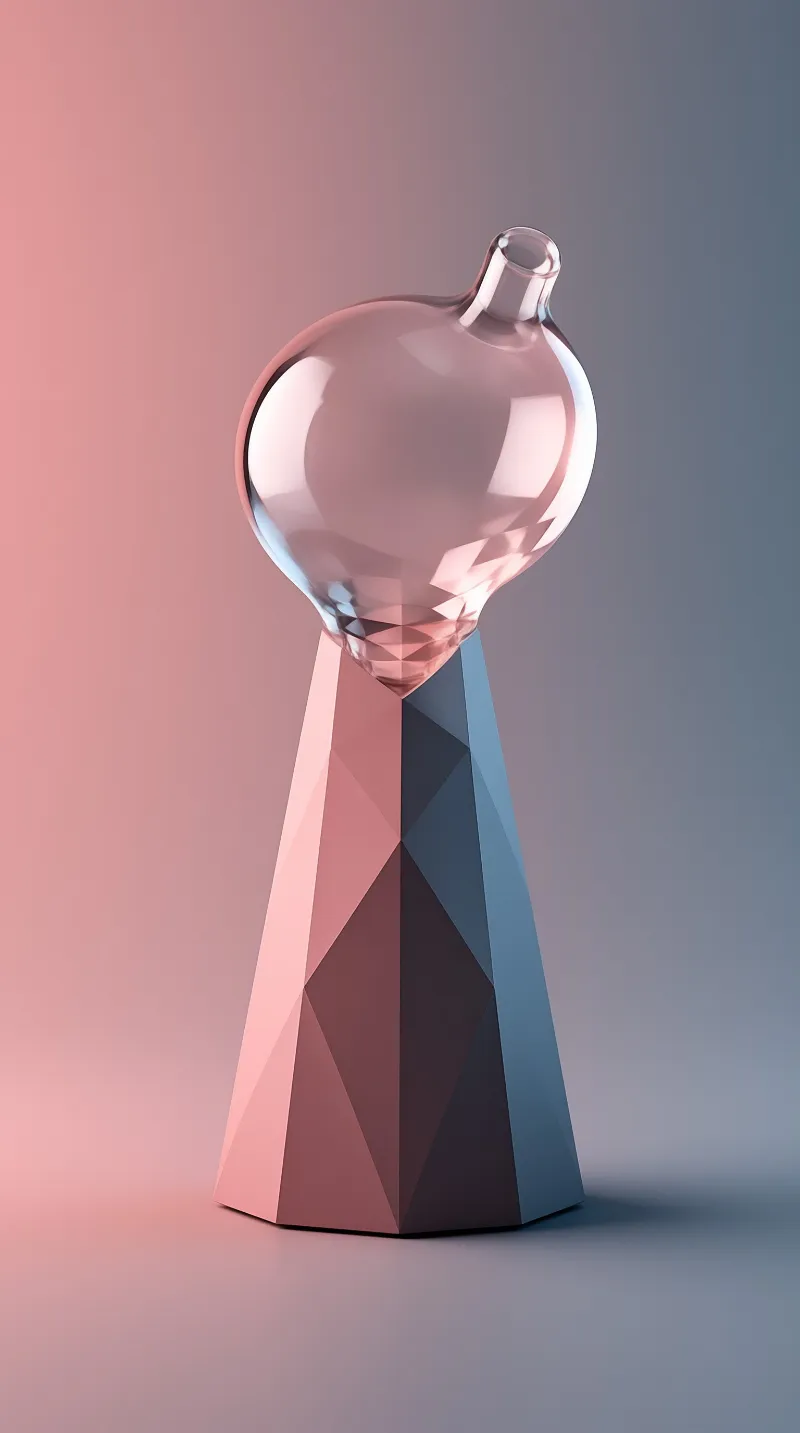 A smooth translucent bulb rests upon a low polygonal base reflecting pink and blue hues in a studio setting.