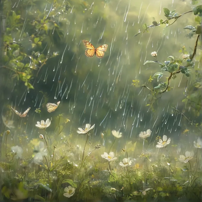 Three butterflies drift above white wildflowers as rain streaks down through the lush green garden.