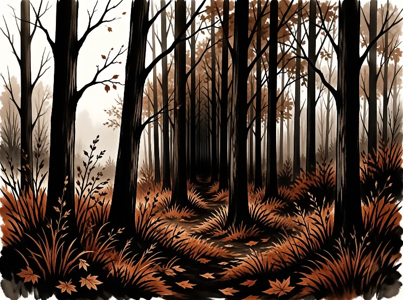 A narrow trail winds through tall dark trunks surrounded by orange grasses and falling leaves under a hazy sky.