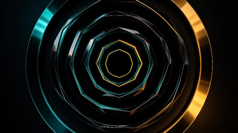 Concentric hexagonal shapes with reflective cyan and gold borders recede into a dark void creating a tunnel-like perspective
