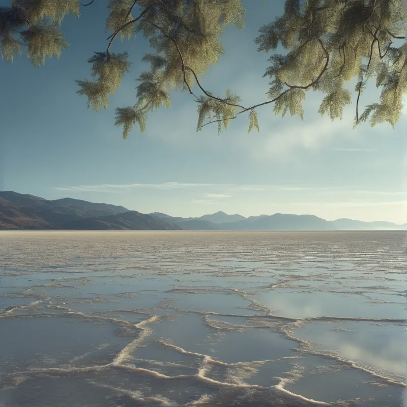 A dry salt flat with shallow water channels stretches to distant mountains beneath pale morning sky framed by hanging tree branches.