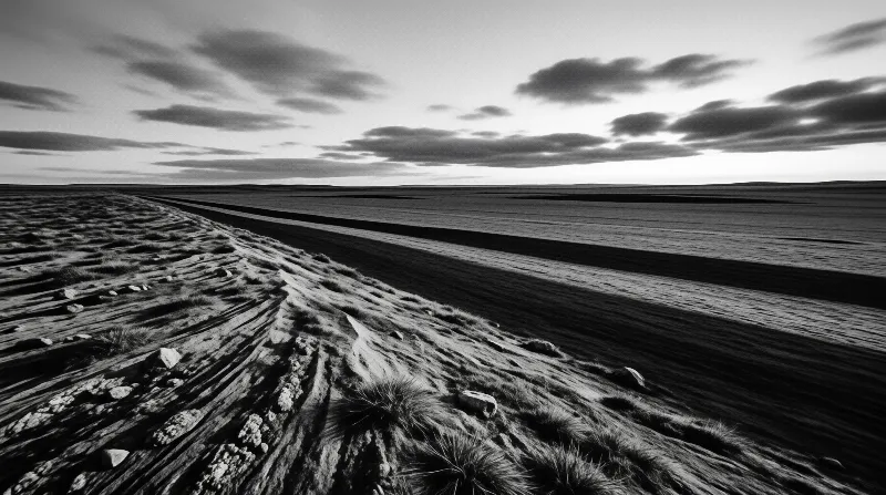 A rough dirt track winds through a vast grassy plain under a dramatic cloudy sky in black and white.