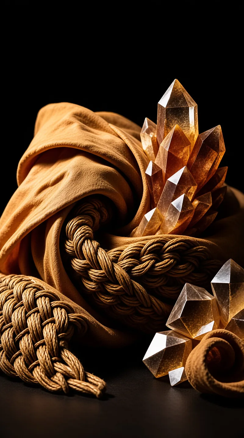 A cluster of translucent amber crystals sits atop draped golden velvet fabric next to thick braided rope cords.