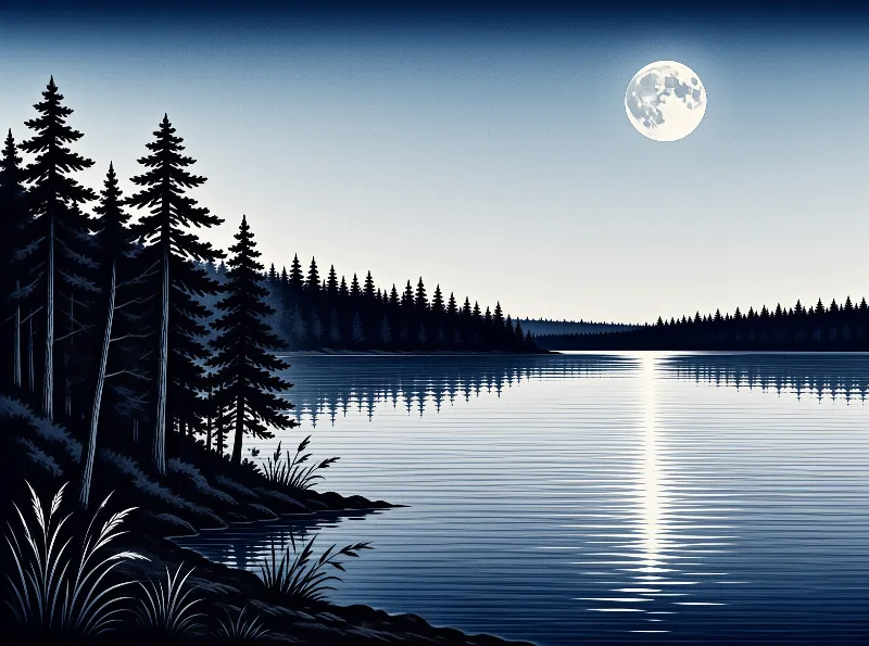 Dark coniferous trees silhouette the shoreline of a still lake under a bright full moon with a reflection.