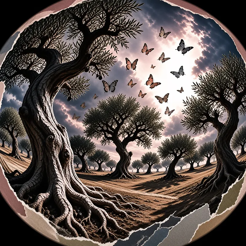 Butterflies fly in a circle above a landscape of twisted olive trees and rolling hills at dusk.