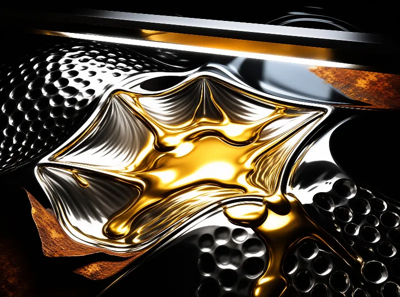 Shiny yellow and silver liquid metal shapes form over a dark surface with circular indentations and bright reflections.