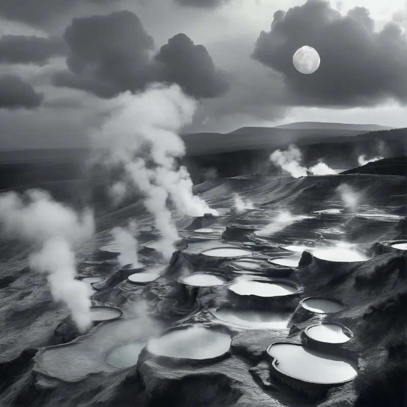 Steaming pools scattered across rugged terrain under a cloudy sky with a visible moon in the upper right.