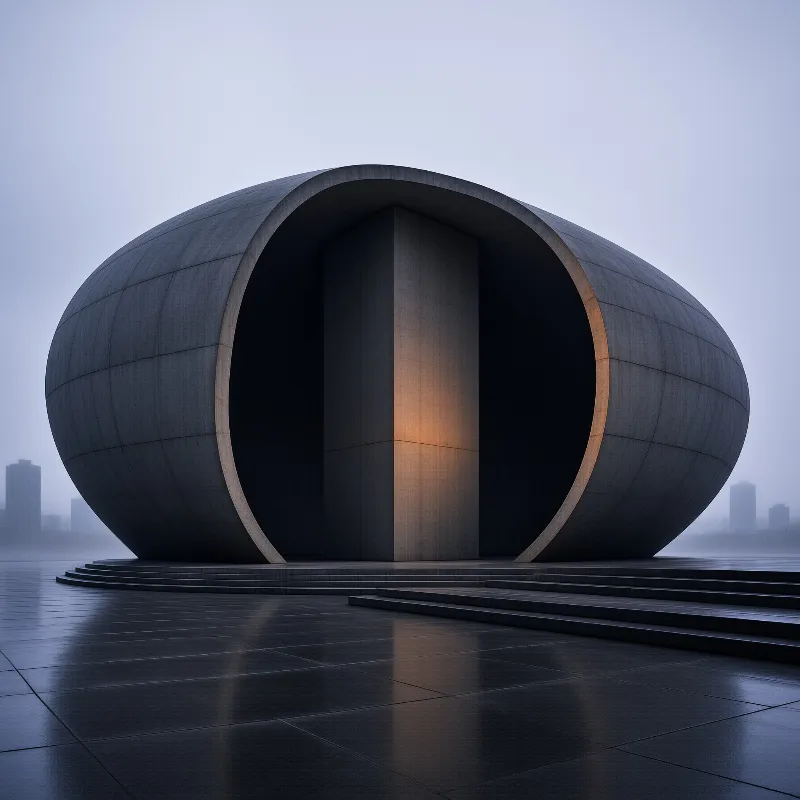An egg-shaped concrete pavilion reveals a warm glow through a tall opening, set on steps before a misty skyline.