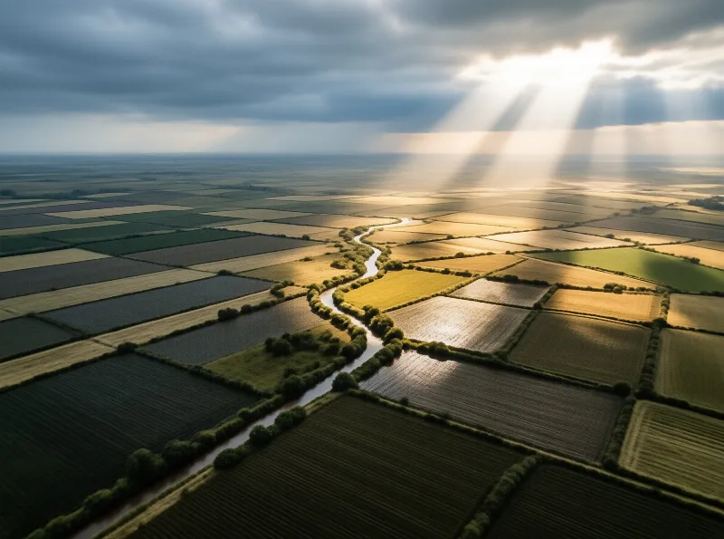 Aerial view of a winding river cutting through colorful agricultural fields as dramatic sunbeams break through heavy clouds.