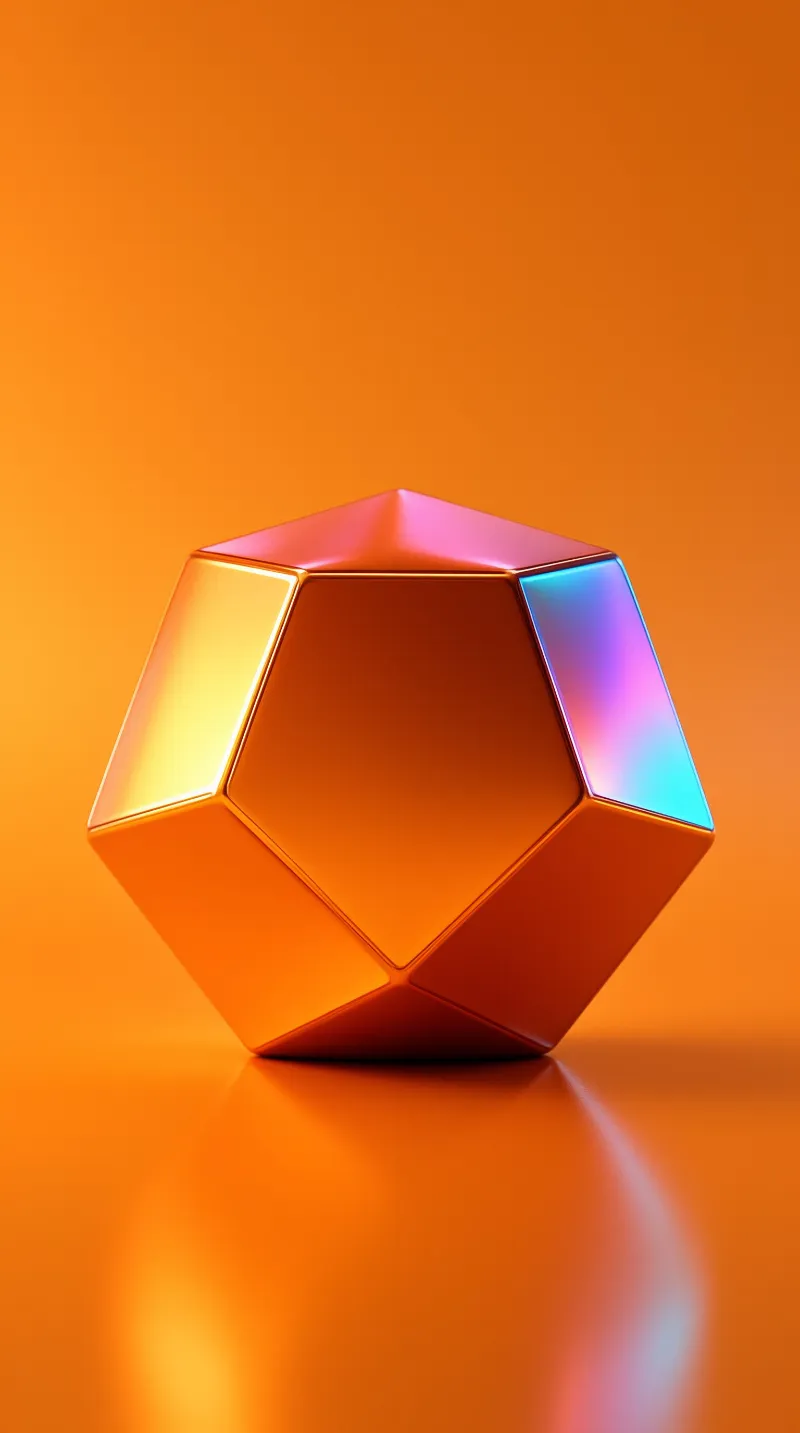 A smooth polyhedral object shows shifting blue and gold reflections on its facets against a solid orange background.