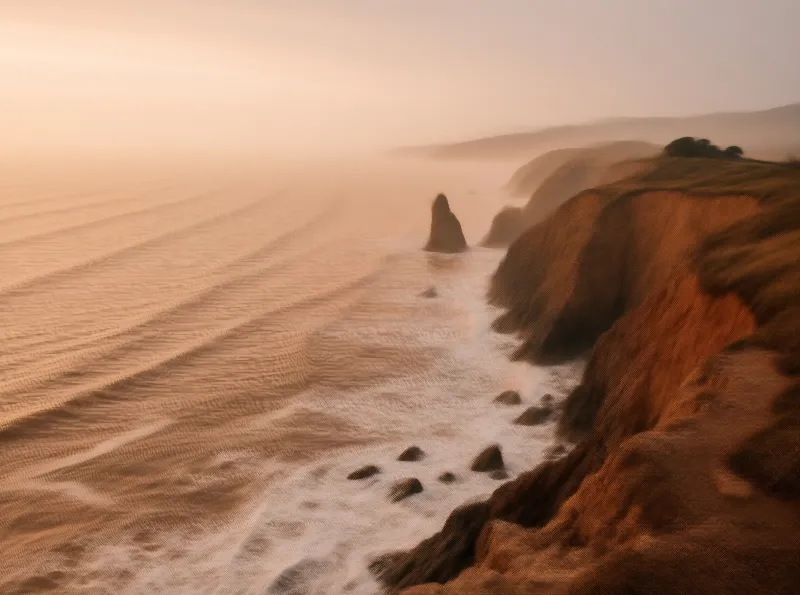 Misty Coastal Cliffs at Sunset