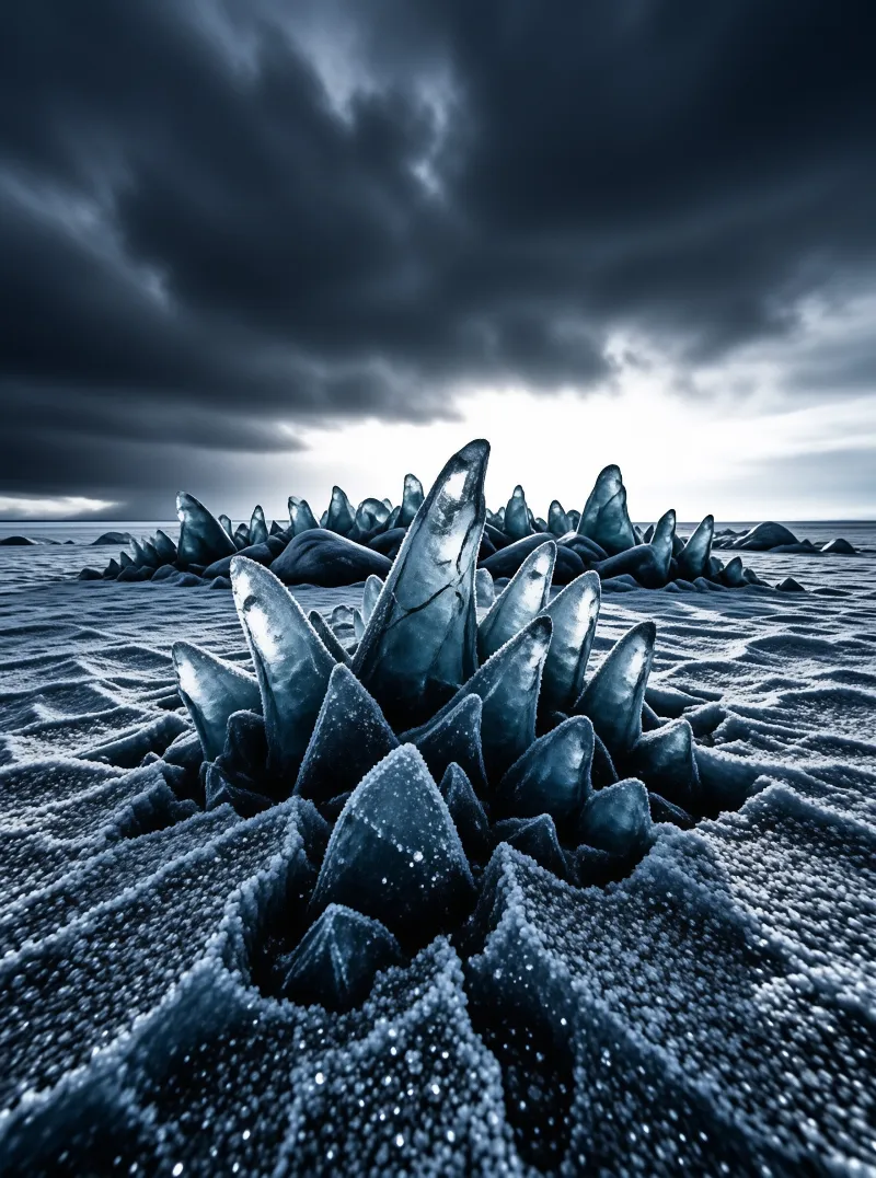 Sharp translucent ice formations rise from a frost-covered expanse beneath a heavy overcast sky with cool blue lighting.