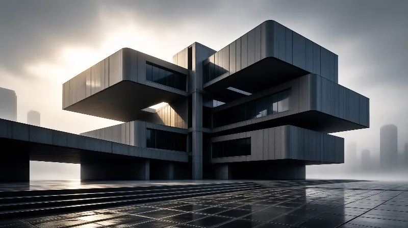 Stacked dark concrete and glass volumes cantilever outward above a wet plaza fading into morning fog