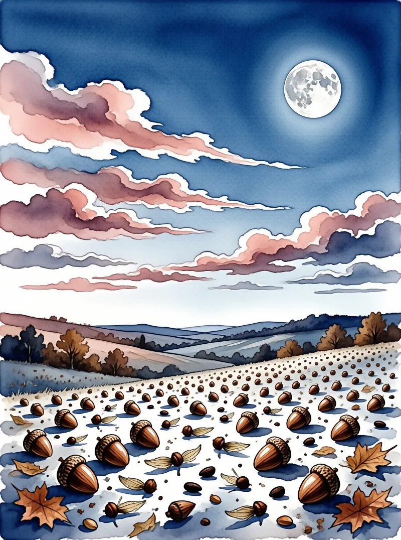 A watercolor scene scatters acorns and maple leaves over a pale field beneath a full moon and rosy clouds.