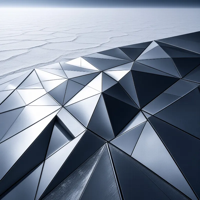 Sharp metallic triangles form a roof structure against a vast white salt flat landscape under a pale sky.