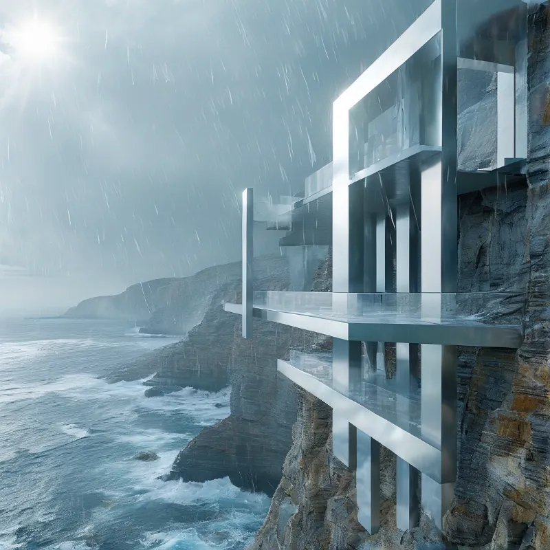 Glass and metal house on a cliff over a stormy ocean, rain falling in bright sunlight.