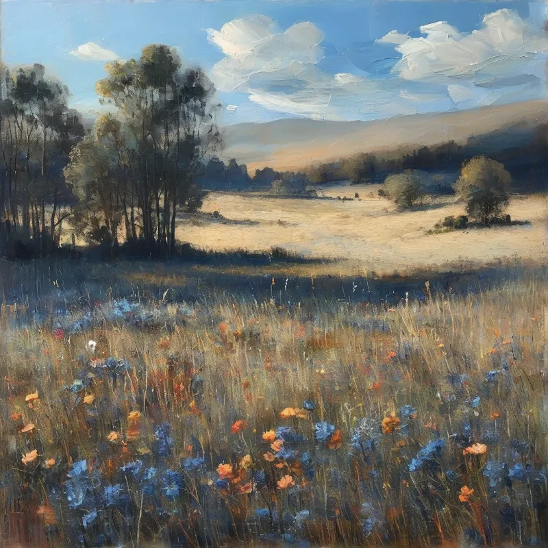 This oil painting depicts a sunlit meadow scattered with blue and orange flowers near tall trees and hazy mountains.