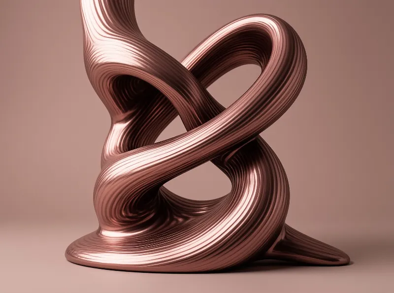 A twisted metallic sculpture with rose gold coloring stands against a neutral beige background under soft studio lighting.