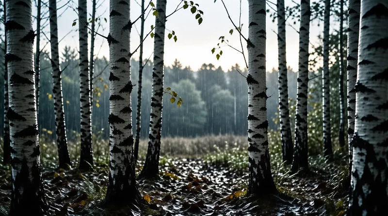 White birch trunks rise from a wet forest floor while rain falls through the trees.