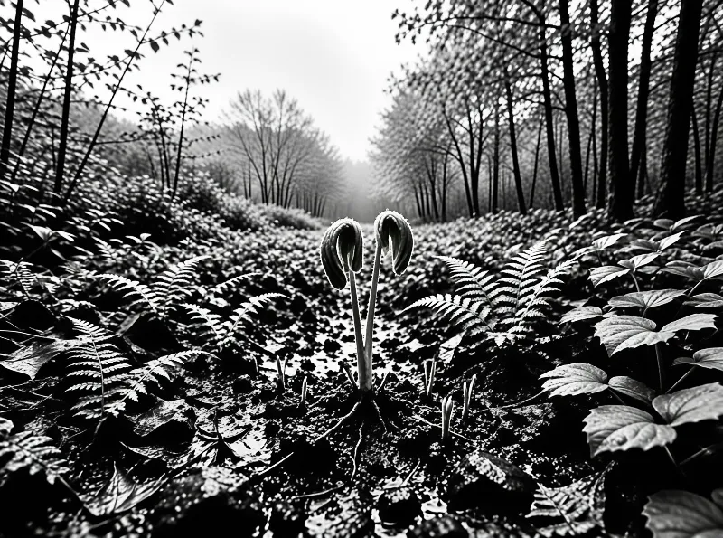 Two young fern fronds uncurling amidst dense undergrowth in a high contrast black and white woodland scene.