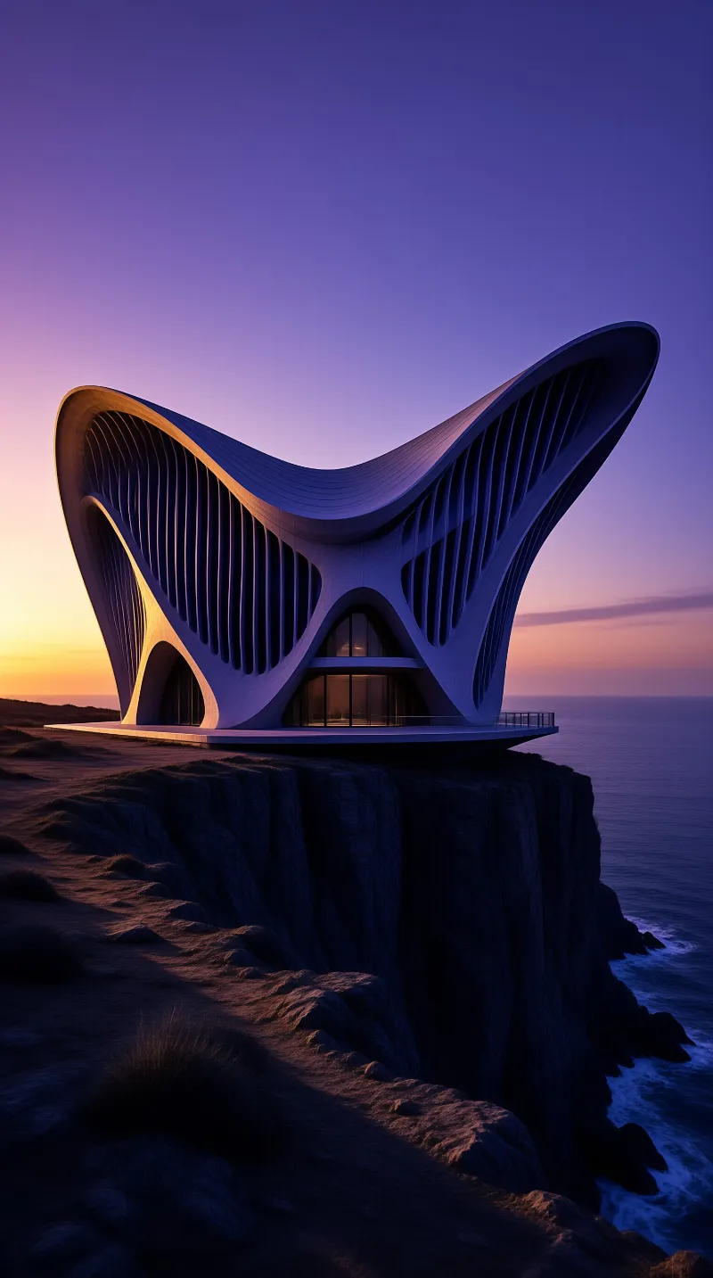 A futuristic white building with curved walls sits on a rocky cliff above the sea under a purple twilight sky.