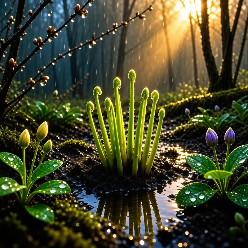 Sunlit Ferns in Rainy Forest