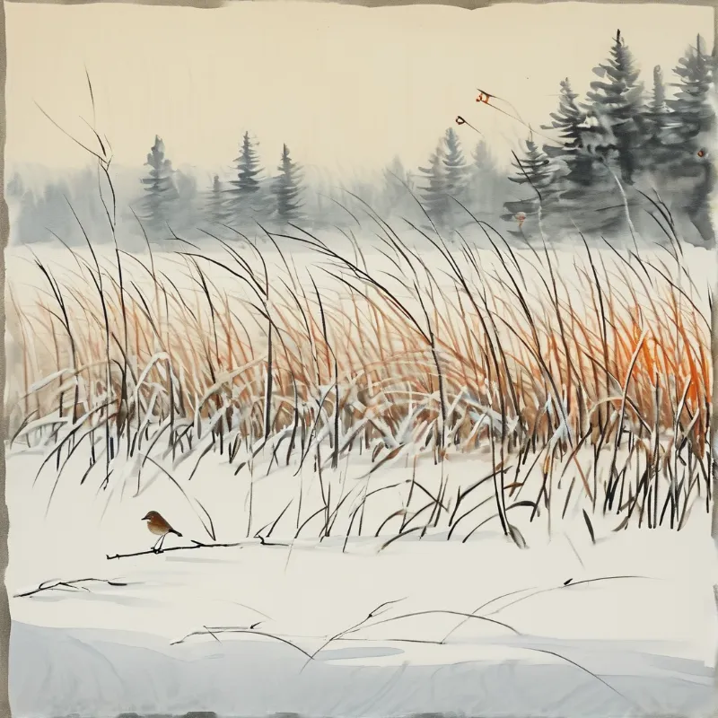 A small brown sparrow sits on a thin twig in a snow blanketed marsh, with golden dry reeds and soft blurred distant pine trees under a pale grey sky.