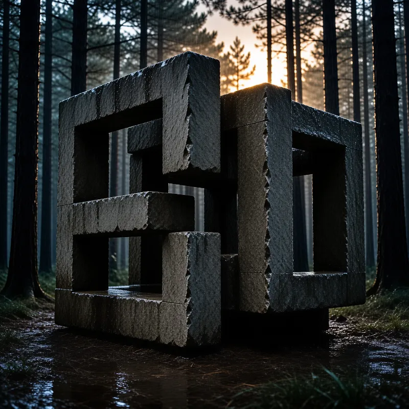 A large stone sculpture resembling an impossible object stands in a wet forest with sunlight glowing through the trees.