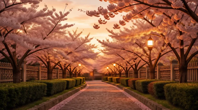 Cherry Blossom Pathway at Dusk