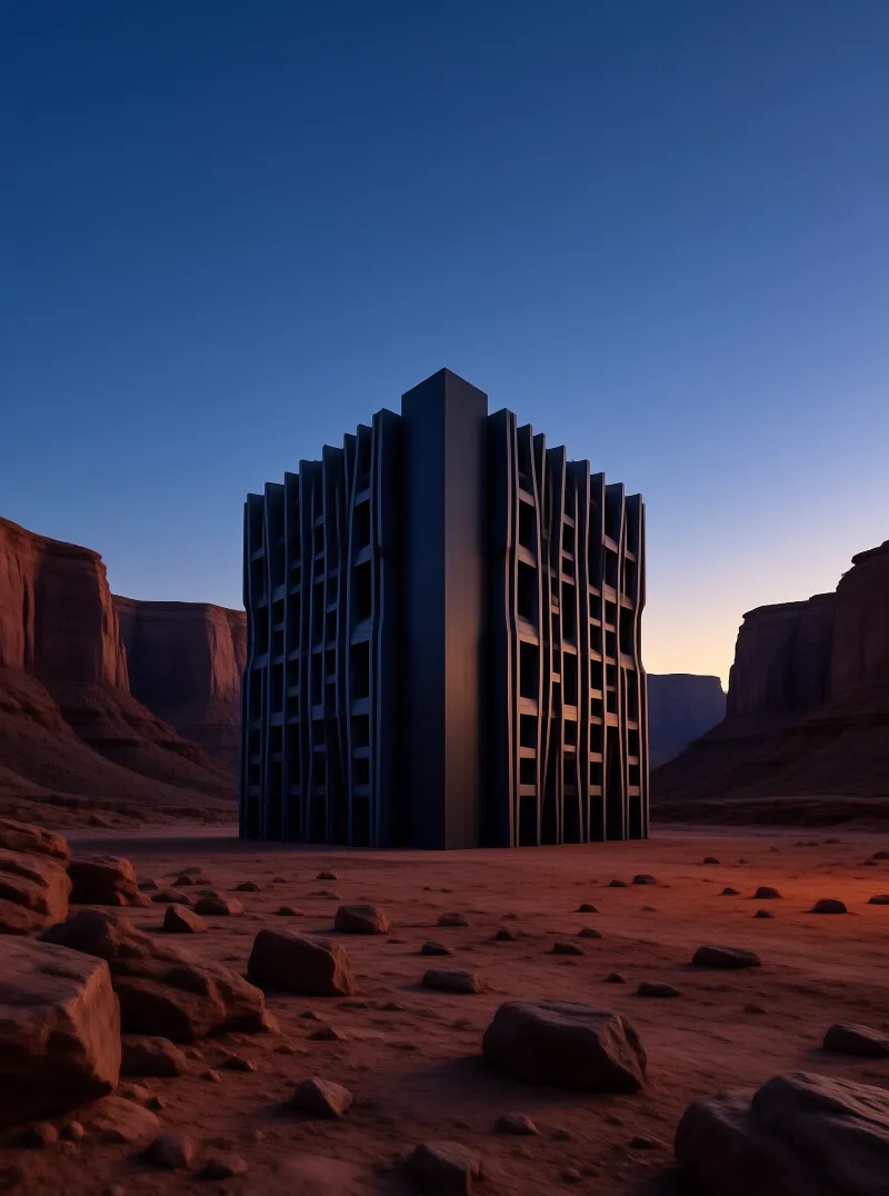 A ribbed monolith rises in a red rock desert canyon at dusk, warm horizon light glowing behind scattered boulders.