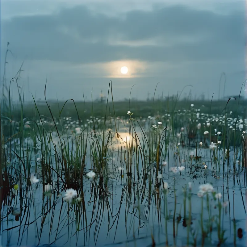 Marsh grasses and white flowers grow from shallow water beneath a dim sky and a bright light on the horizon.