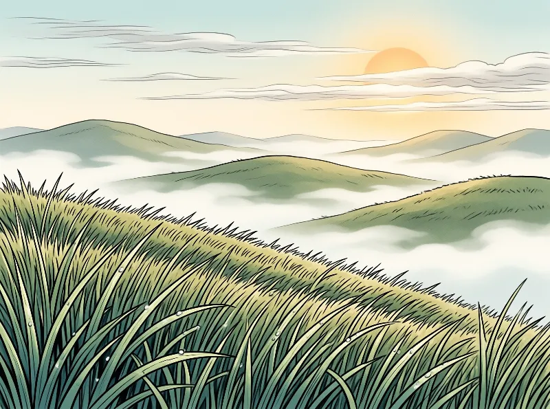 Dewy grass in the foreground overlooks foggy green mountains and a soft sunrise emerging behind the ridge.