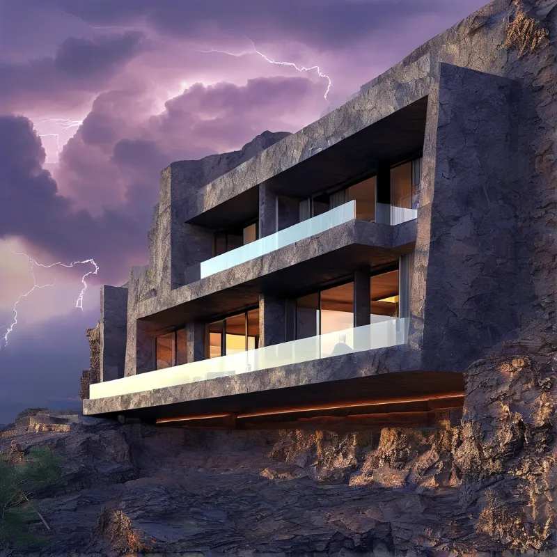 A stone structure built into a cliff glows warmly against a dramatic purple sky filled with lightning.
