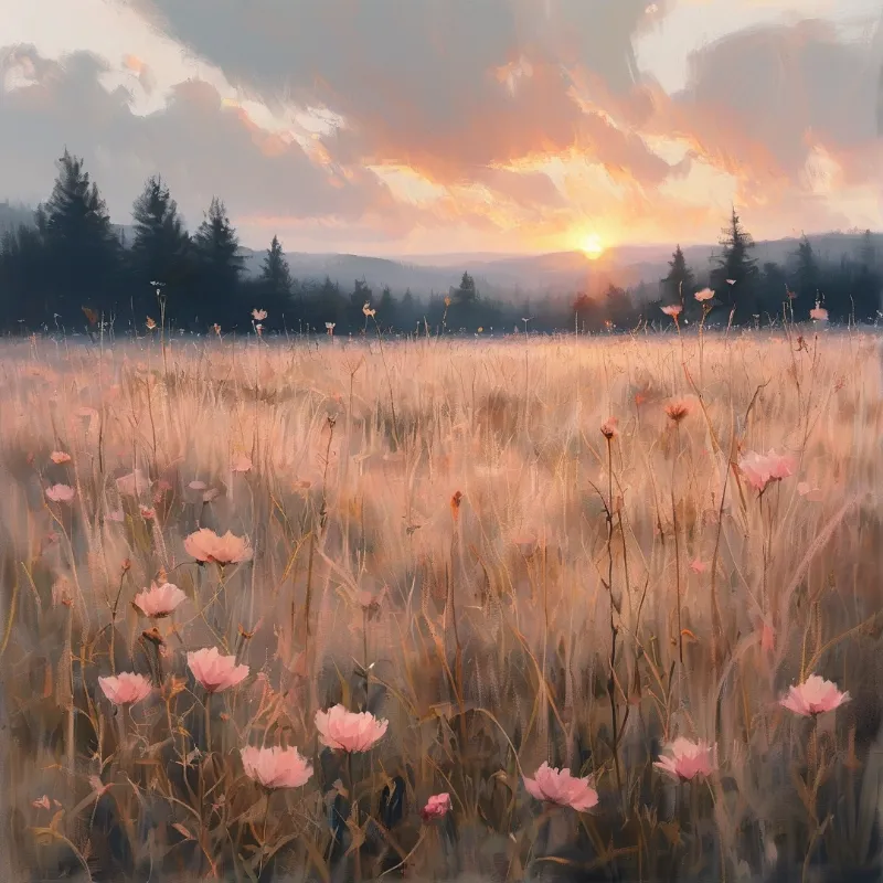 A field of pink wildflowers stretches toward dark evergreen trees under a glowing orange sunset sky.