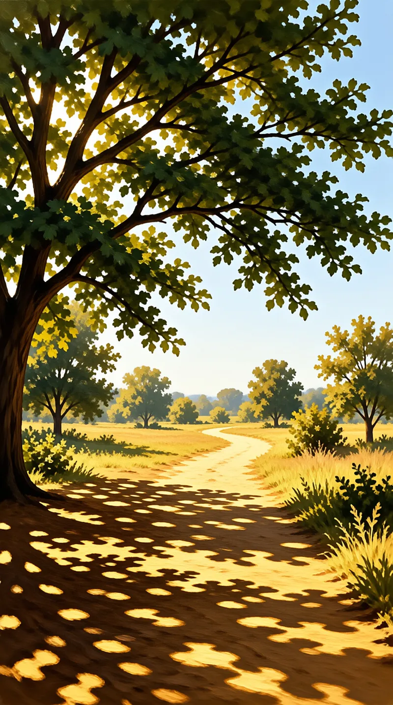 A broad tree casts dappled golden light over a dirt path curving through sunlit fields and scattered trees.