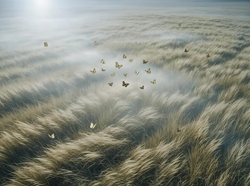 A group of butterflies flying over tall, mist-covered grass in soft light from a hazy sun.
