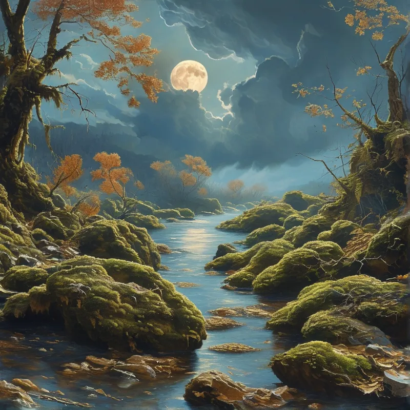 Moonlit Mossy River Scene